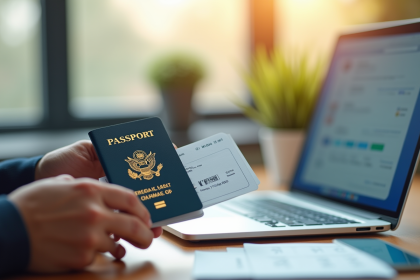 Main tenant un passeport et billet d'avion avec ordinateur