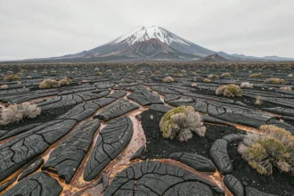 Paysage volcanique de l'Etna en Sicile avec coulées de lave solidifiée et sommet enneigé