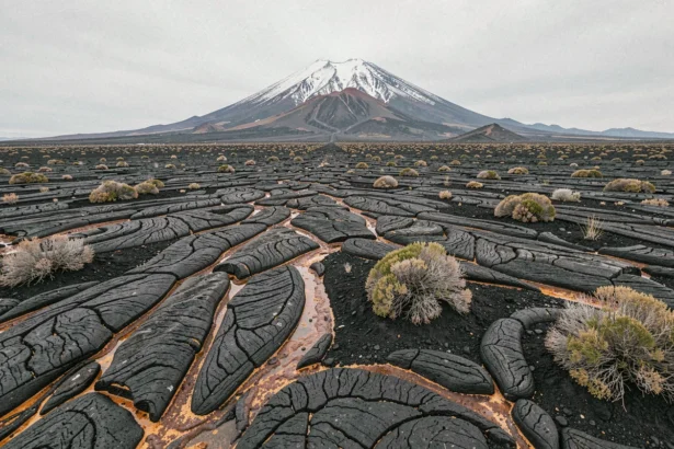 Paysage volcanique de l'Etna en Sicile avec coulées de lave solidifiée et sommet enneigé