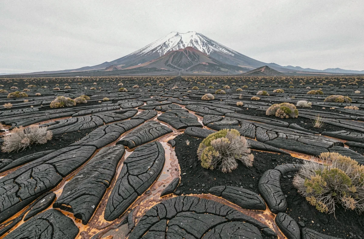 Paysage volcanique de l'Etna en Sicile avec coulées de lave solidifiée et sommet enneigé
