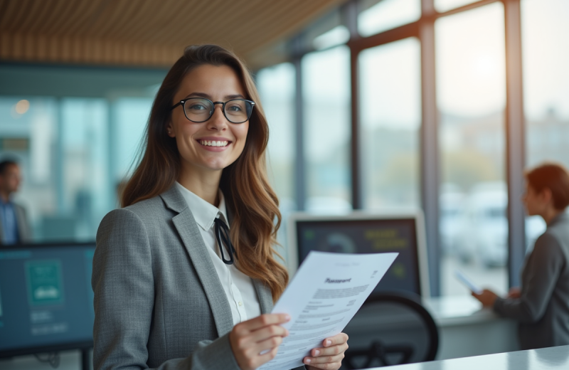 Personne souriante au bureau de passeport avec formulaire