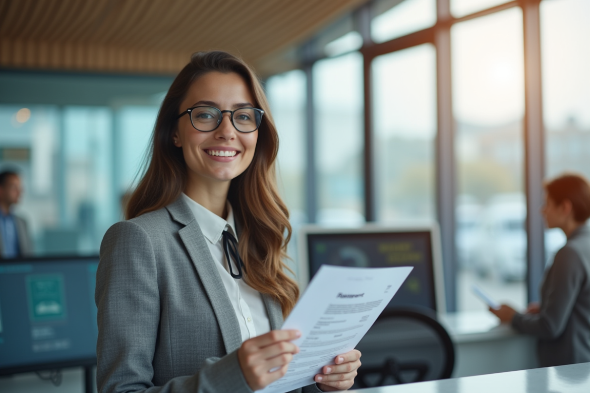 Personne souriante au bureau de passeport avec formulaire