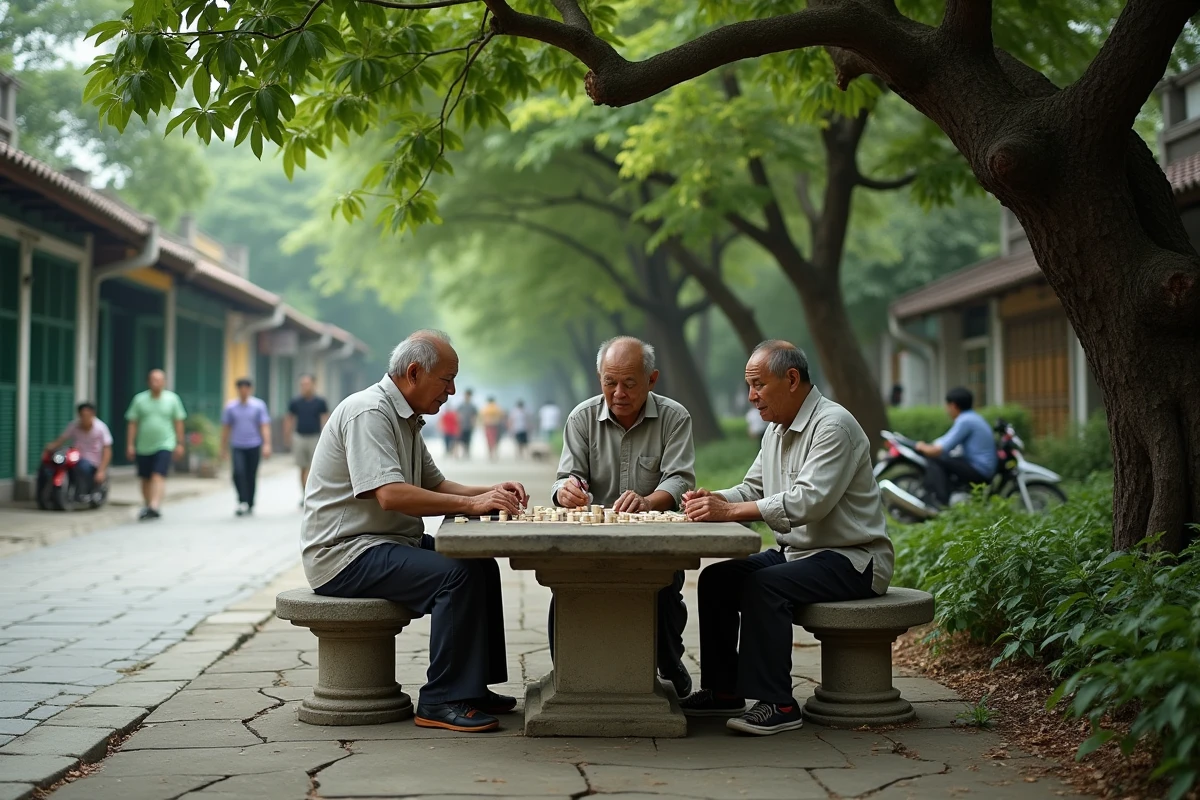 Personnes âgées jouant au mahjong sous un banian dans un parc de quartier authentique de Guangzhou Guangdong