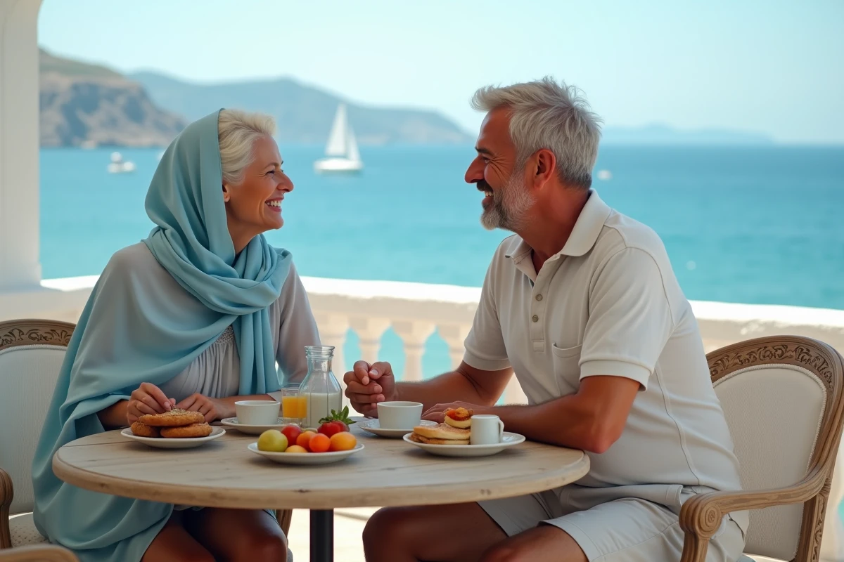 Couple partageant petit déjeuner grec en bord de mer