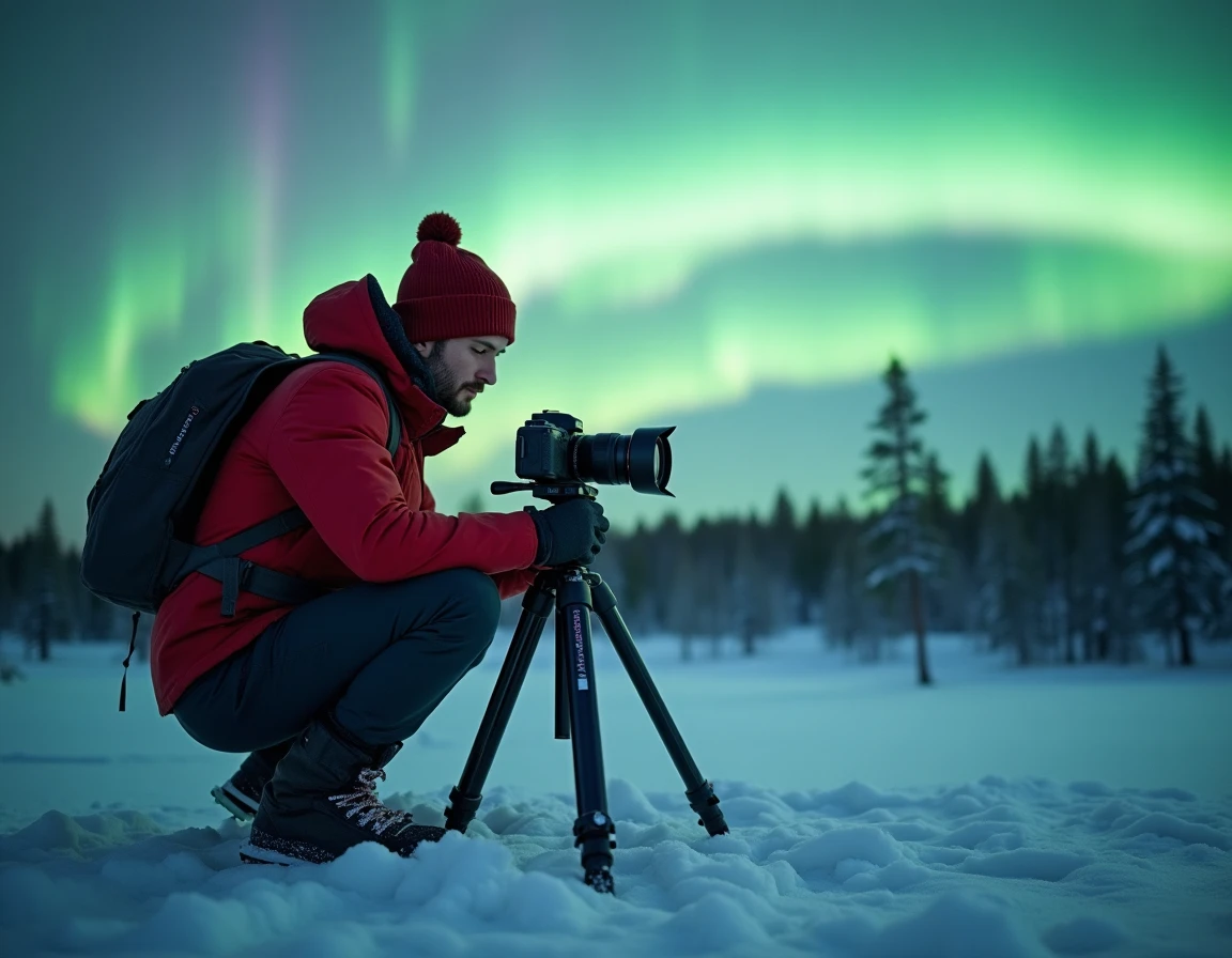Photographe en solo réglant son appareil photo sur trépied sous une aurore boréale en Finlande