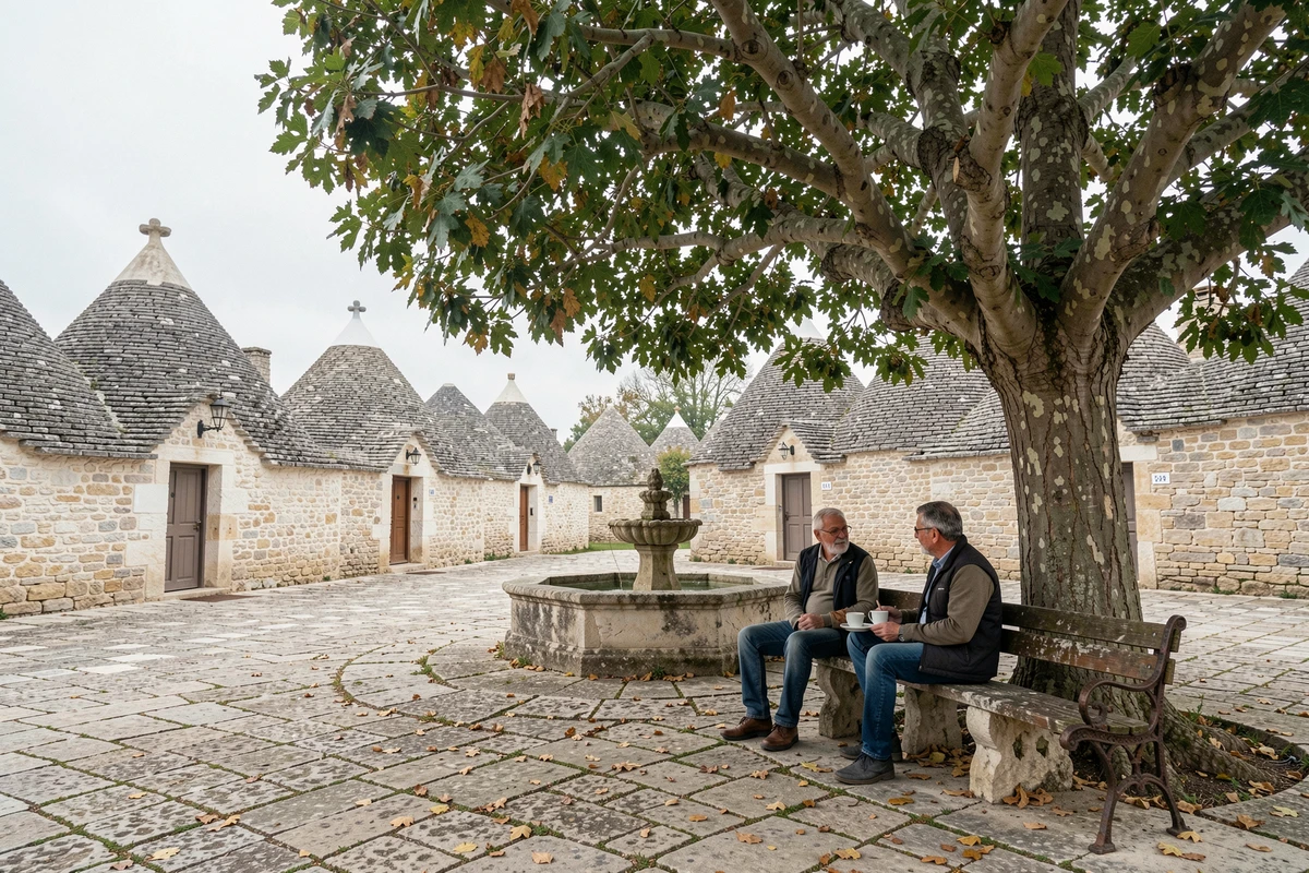 Deux habitants locaux prenant un café sur une place tranquille d'Alberobello entourée de trulli authentiques, loin des touristes