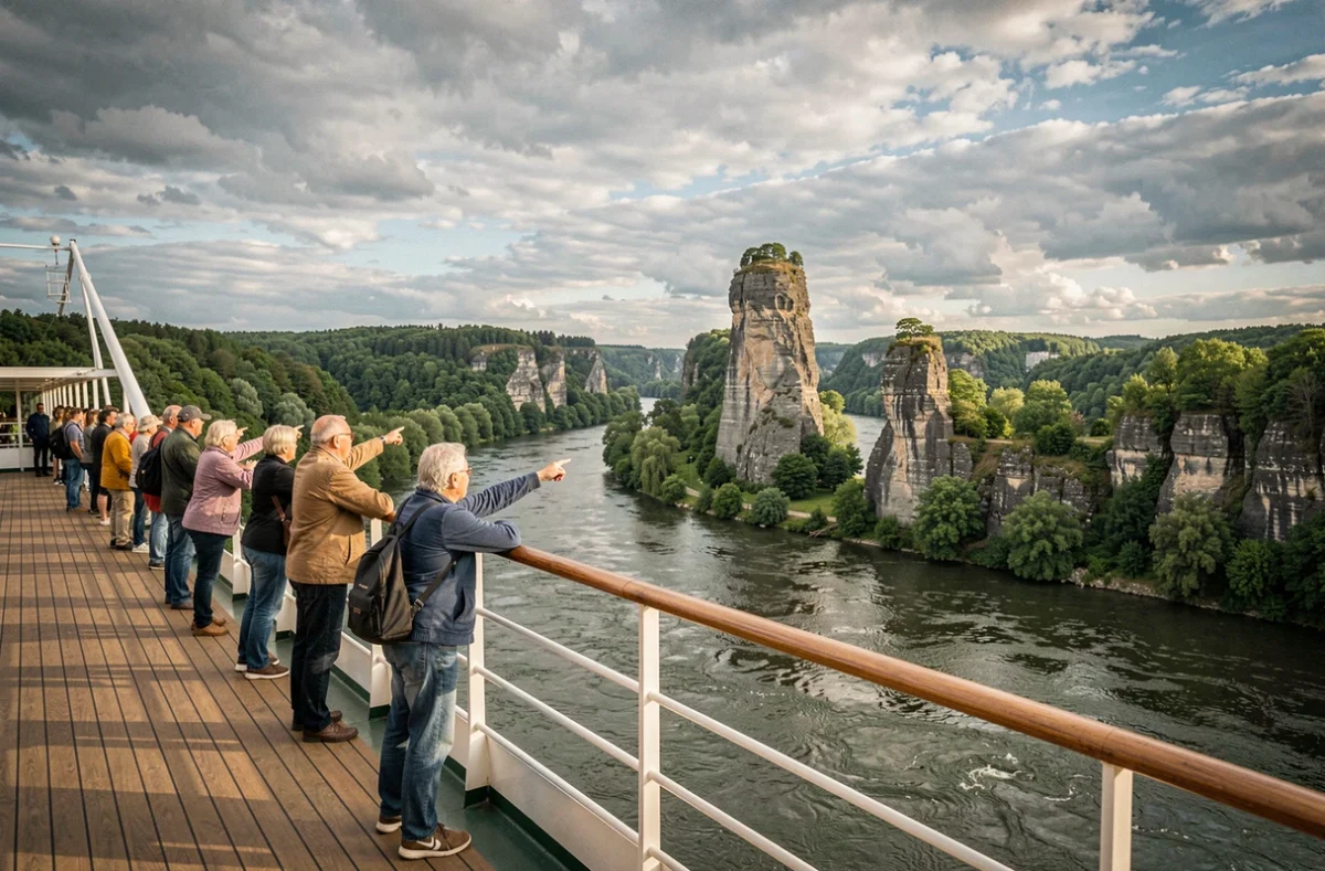 Passagers sur le pont d'un bateau de croisière admirant le rocher de la Loreley sur le Rhin