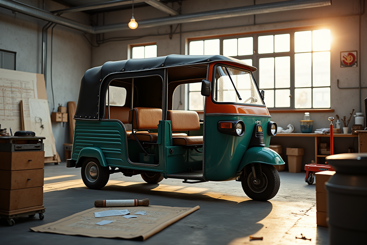 Prototype de tuk tuk dans un atelier avec plans et outils
