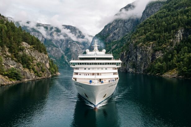 Le paquebot Queen Anne naviguant dans un fjord norvégien entouré de falaises verdoyantes et d'eaux calmes
