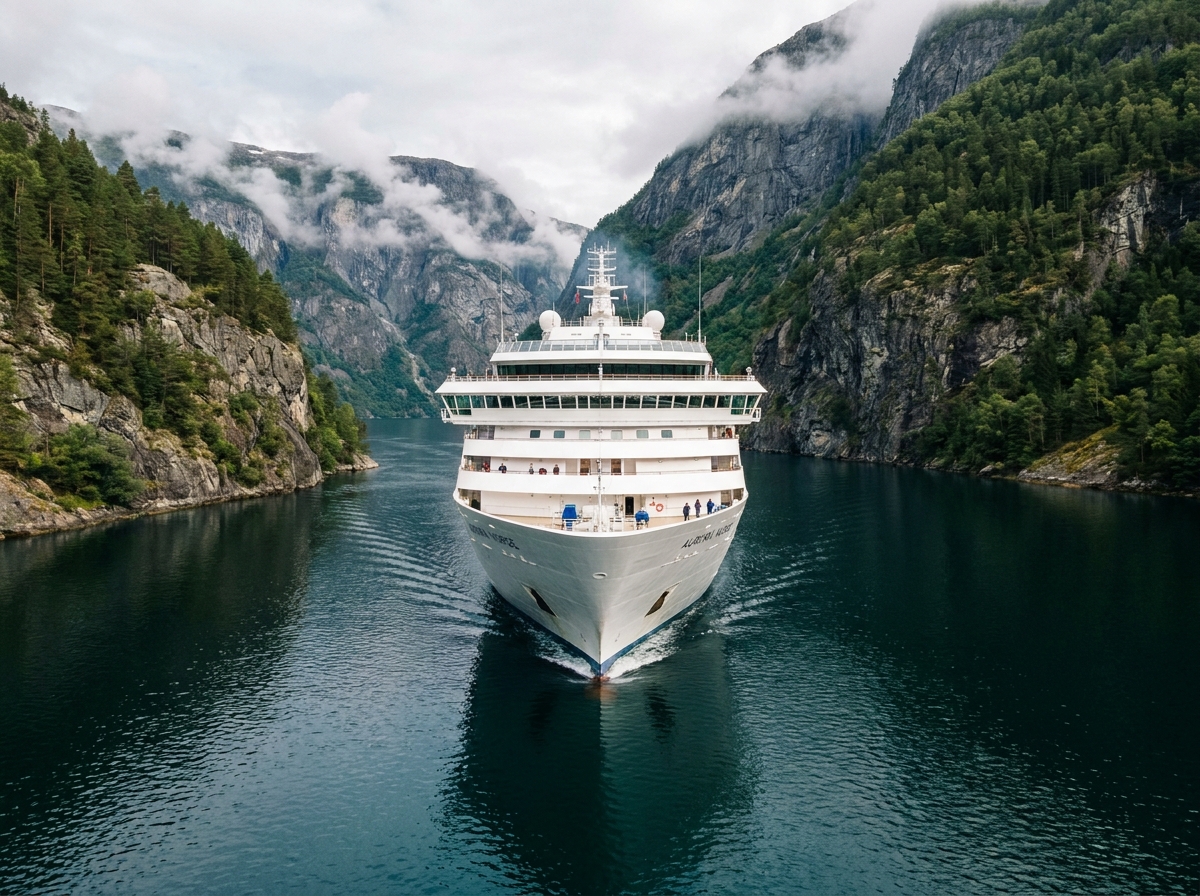 Le paquebot Queen Anne naviguant dans un fjord norvégien entouré de falaises verdoyantes et d'eaux calmes