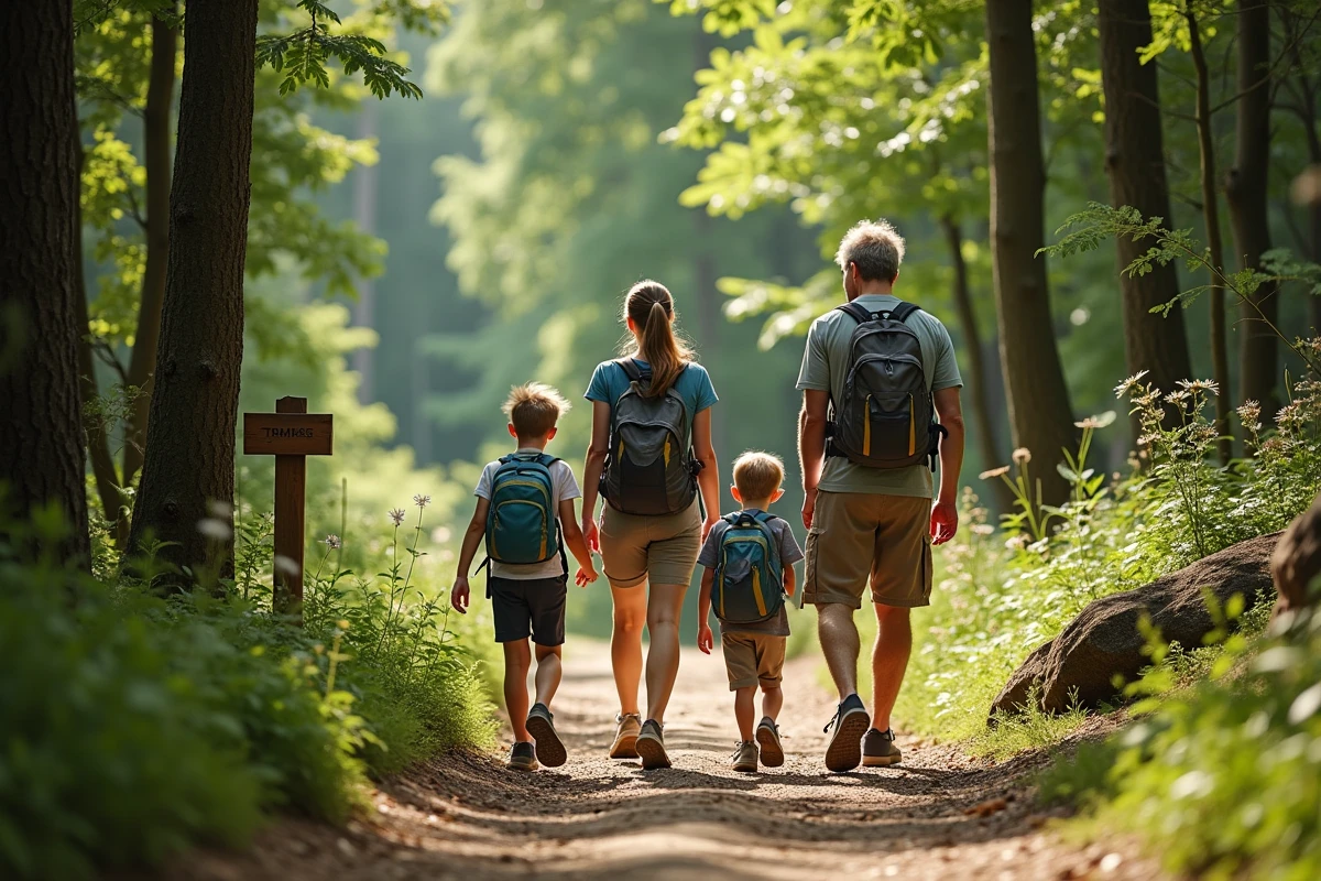 Famille en randonnée dans un parc naturel régional français pendant les vacances d'août, entourée d'une forêt dense