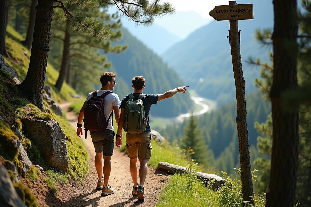 Couple en randonnée sur un sentier forestier frais avec vue sur une vallée ensoleillée, destination budget en août