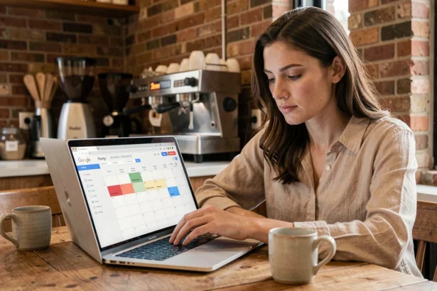 Femme cherchant un vol flexible sur Google Flights depuis un café avec des dates variables