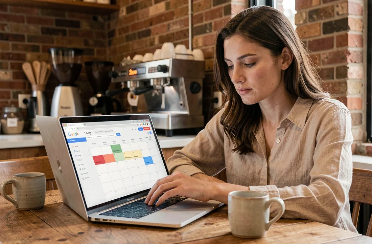 Femme cherchant un vol flexible sur Google Flights depuis un café avec des dates variables