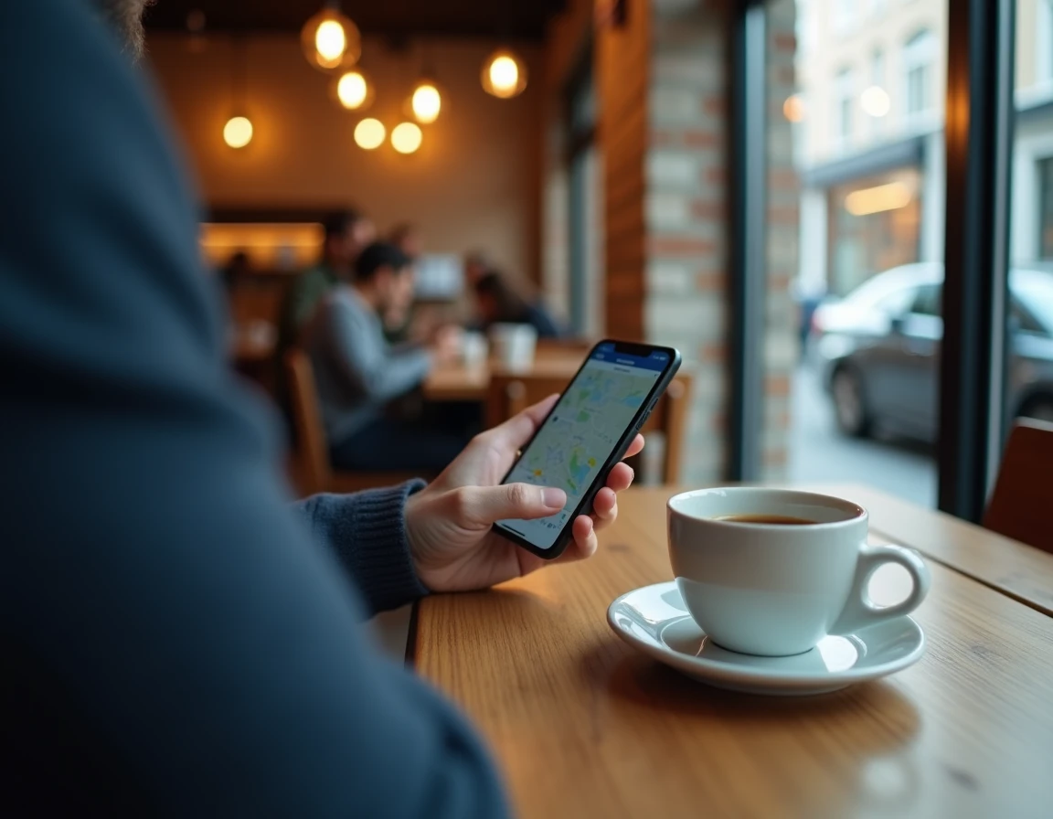 Homme réglant les options d'itinéraire piéton sur Google Maps dans un café