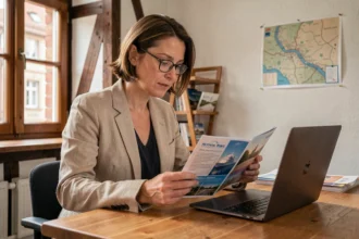 Femme consultant une brochure de croisière dans une agence de voyage à Strasbourg