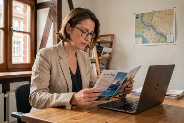 Femme consultant une brochure de croisière dans une agence de voyage à Strasbourg