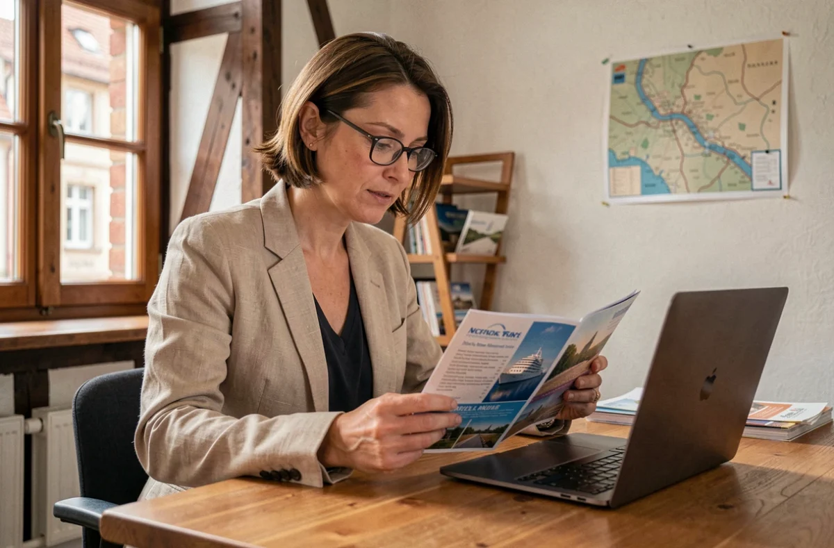Femme consultant une brochure de croisière dans une agence de voyage à Strasbourg