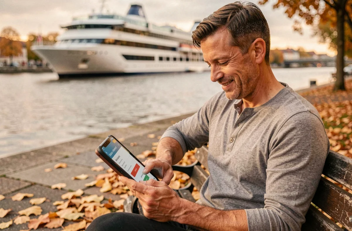 Homme réservant une croisière en ligne sur une tablette au bord de la rivière à Strasbourg en automne