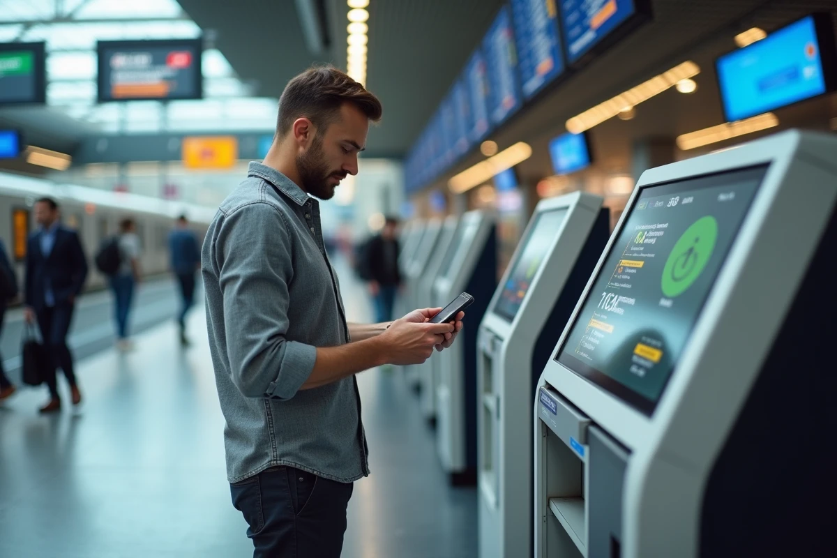 Voyageur comparant son application rail et une borne de réservation dans une gare moderne pour optimiser son pass Eurorail