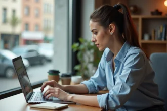 Femme cherchant un vol au meilleur prix sur un ordinateur portable dans un bureau à domicile