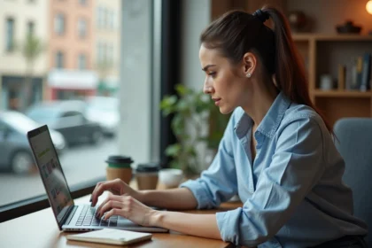 Femme cherchant un vol au meilleur prix sur un ordinateur portable dans un bureau à domicile