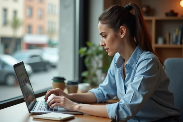 Femme cherchant un vol au meilleur prix sur un ordinateur portable dans un bureau à domicile