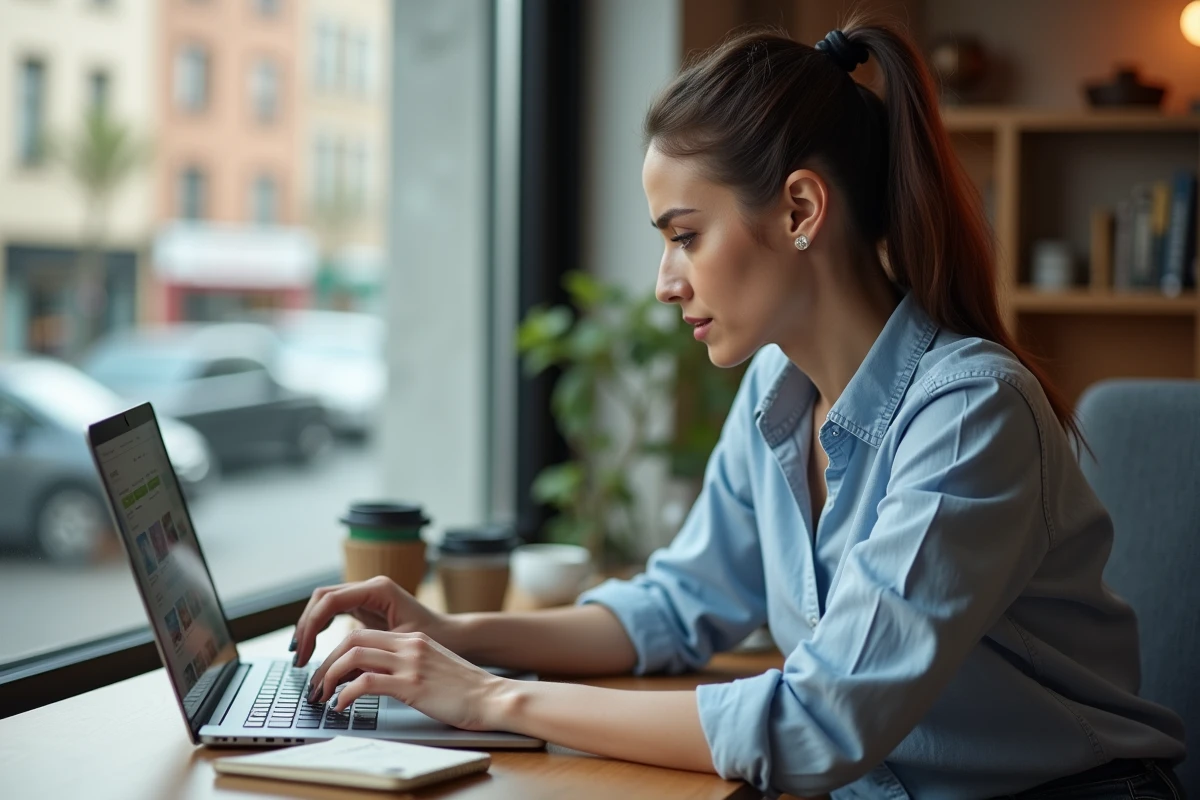 Femme cherchant un vol au meilleur prix sur un ordinateur portable dans un bureau à domicile