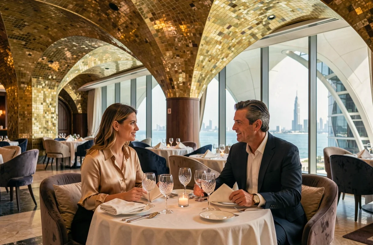 Intérieur luxueux d'un restaurant gastronomique avec vue sur la mer au Burj Al Arab Dubaï, couple élégant attablé dans un décor opulent en or et bleu