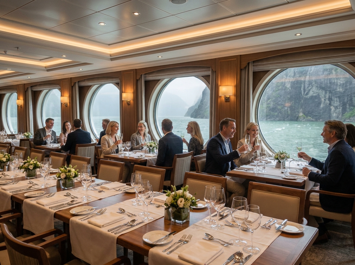 Salle de restaurant gastronomique à bord d'un paquebot de luxe avec vue sur les fjords norvégiens