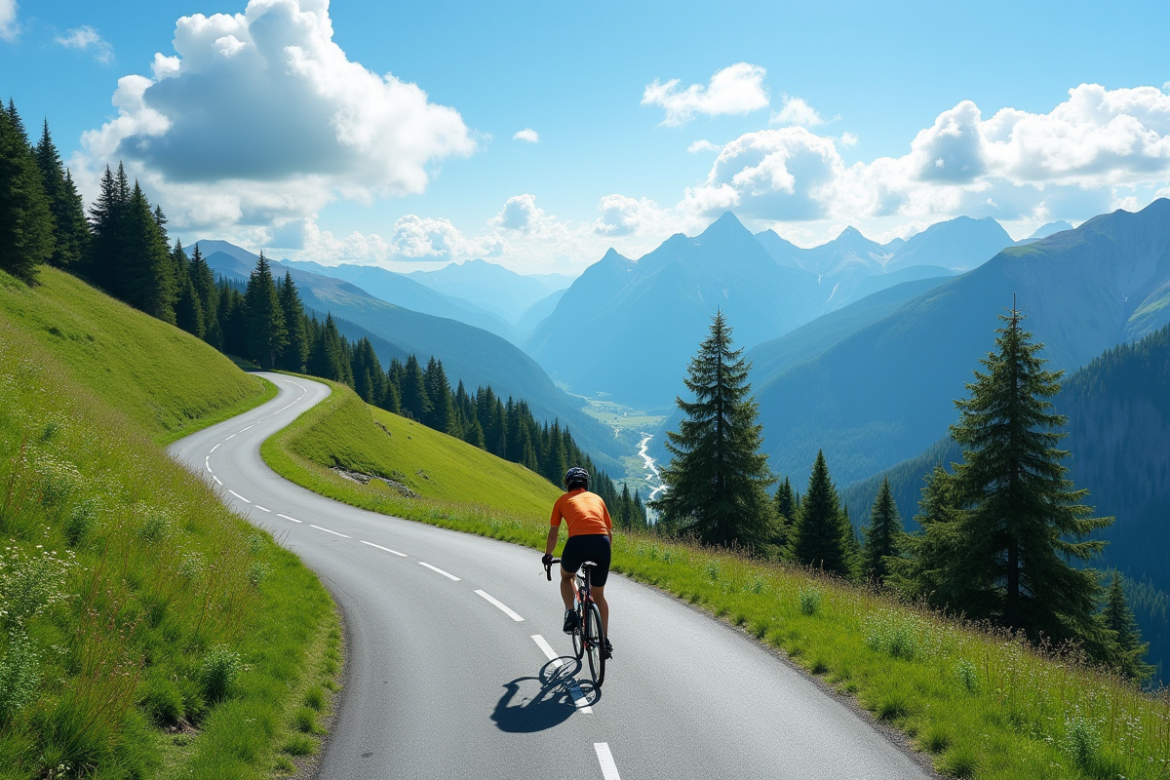 Route de montagne serpentant dans les prés verts du Plateau de Beille