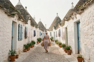Ruelle authentique d'Alberobello avec trulli traditionnels et habitante locale portant un panier, loin des zones touristiques