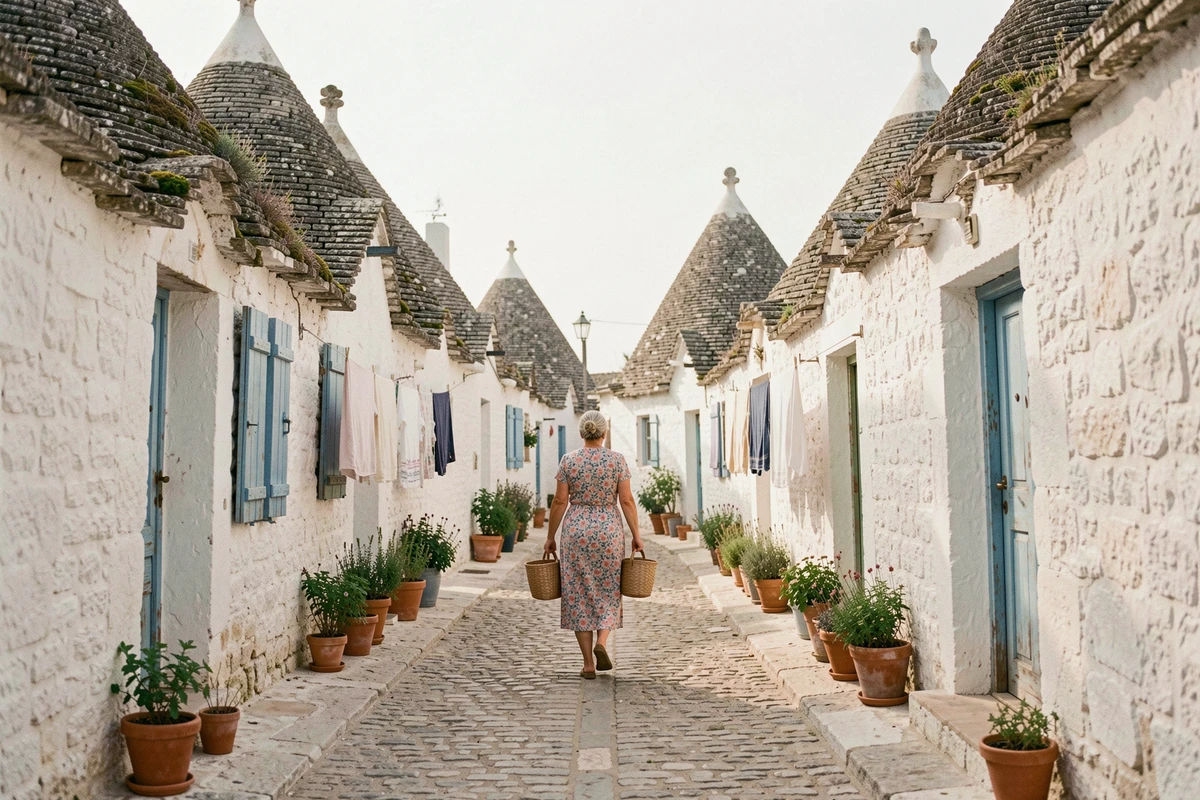 Ruelle authentique d'Alberobello avec trulli traditionnels et habitante locale portant un panier, loin des zones touristiques