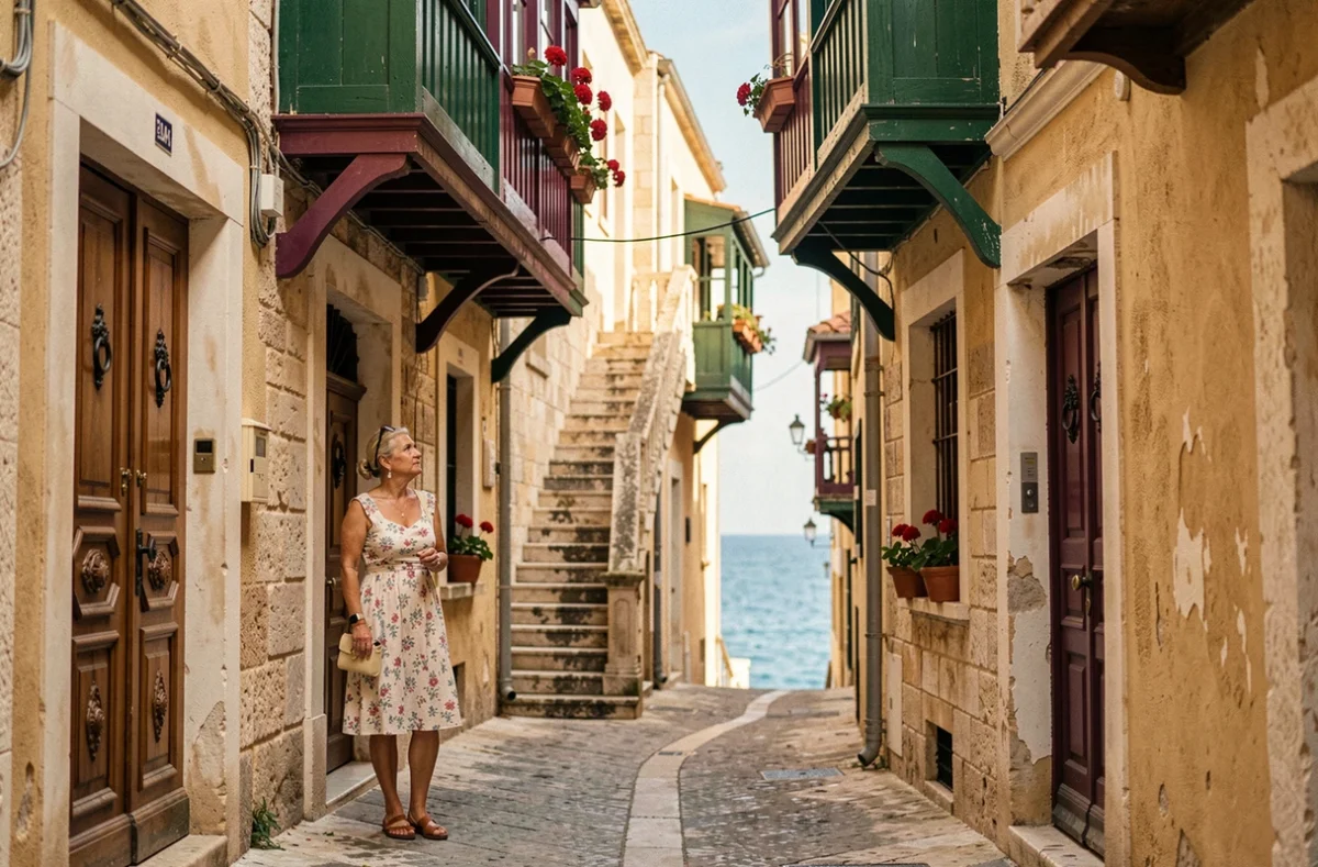 Ruelle historique de La Valette avec balcons en bois colorés et touriste explorant la vieille ville de Malte