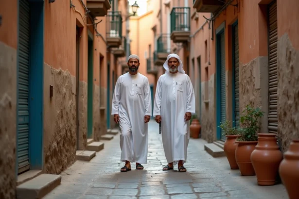 Ruelle de la médina de Tanger calme pendant le ramadan avec des hommes en djellaba passant devant des boutiques fermées
