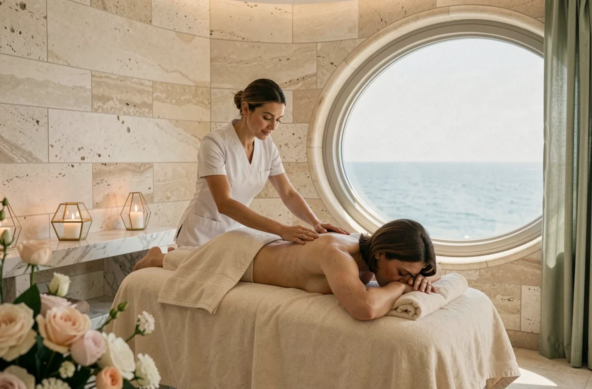Salle de soin spa haut de gamme au Burj Al Arab Dubaï avec vue sur mer, femme en soin de massage dans un cadre en marbre blanc et pierre claire