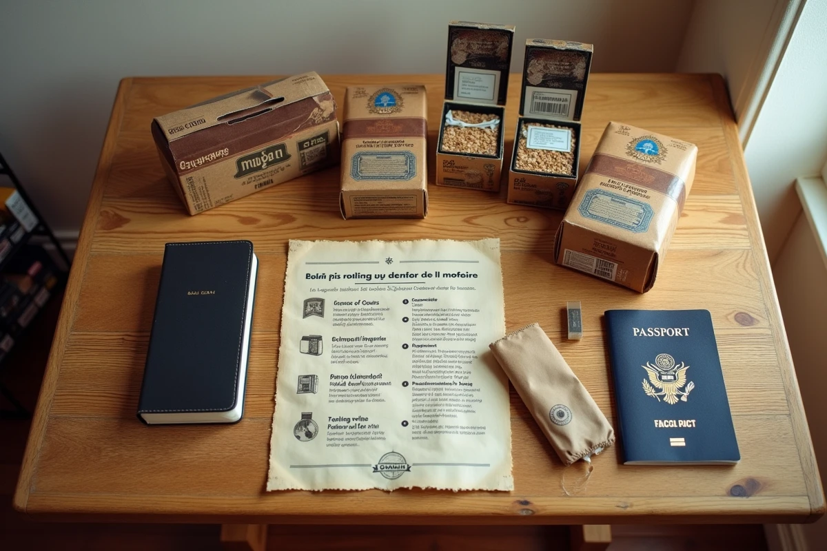 Pose à plat de paquets de tabac espagnol, cartouches de cigarettes et documents de règlementation douanière sur une table en bois