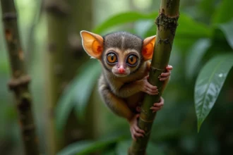 Tarsier des Philippines accroché à une branche de bambou dans son habitat naturel à Bohol, gros plan sur ses grands yeux expressifs