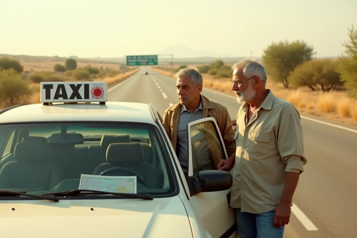 Taxi tunisien sur la route entre Tunis et Monastir avec chauffeur et passager