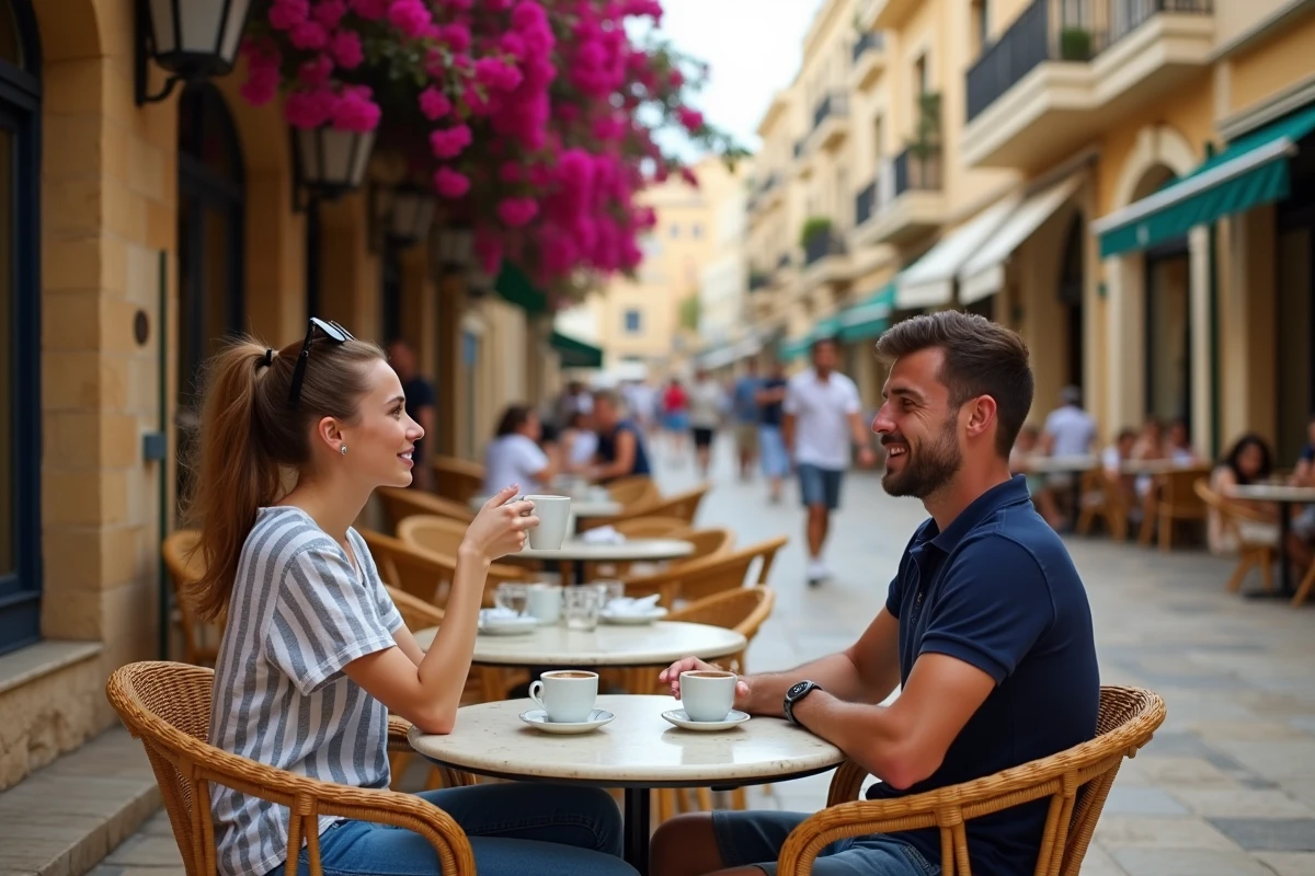 Couple profitant d'un café en terrasse dans le quartier animé de Paceville à Saint-Julien Malte
