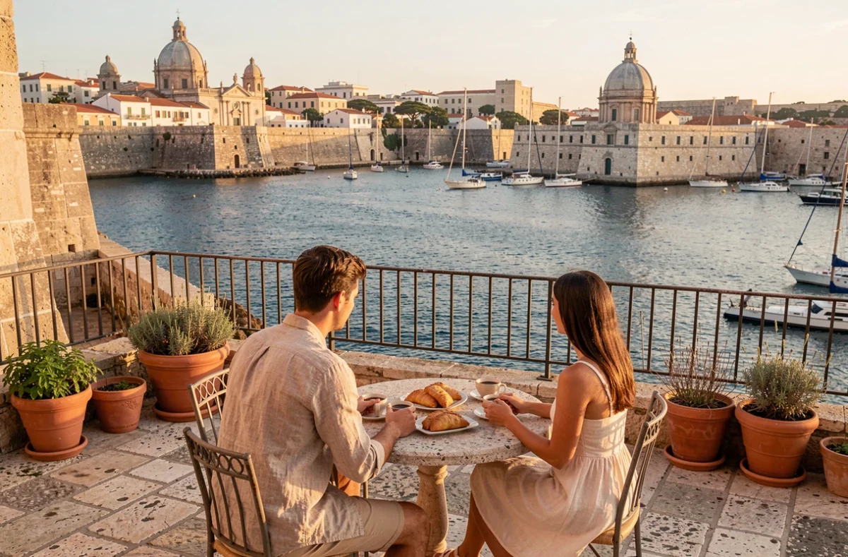 Couple profitant d'un café en terrasse avec vue panoramique sur le Grand Port de La Valette à Malte