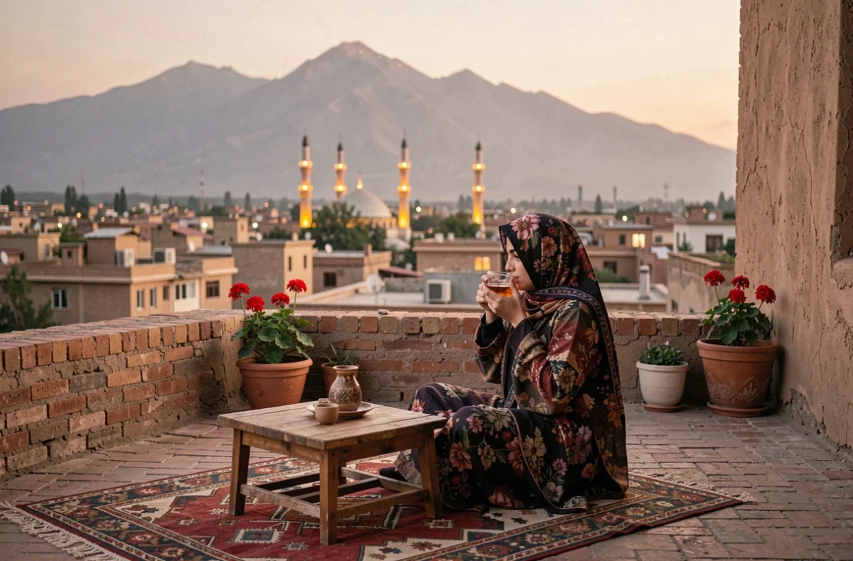 Femme iranienne sur une terrasse traditionnelle à Hamadan avec vue sur les minarets et le mont Alvand au crépuscule