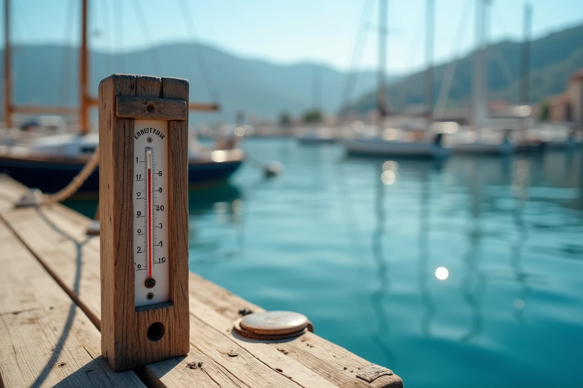 Thermomètre de température de l'eau fixé sur un ponton de marina à Nice avec bateaux et mer Méditerranée en arrière-plan