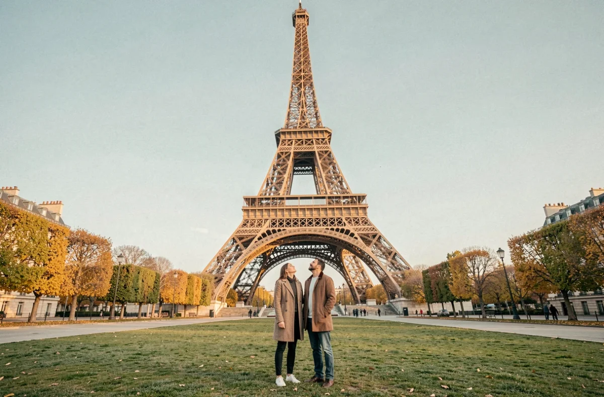Couple admirant la Tour Eiffel depuis le Champ-de-Mars en automne, Paris