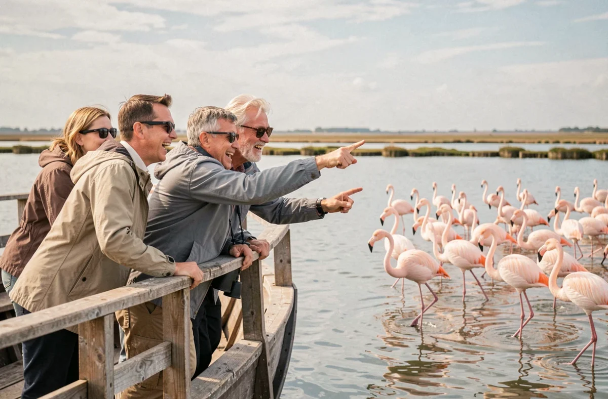 Touristes observant des flamants roses depuis un bateau lors d'une croisière dans les étangs de Camargue