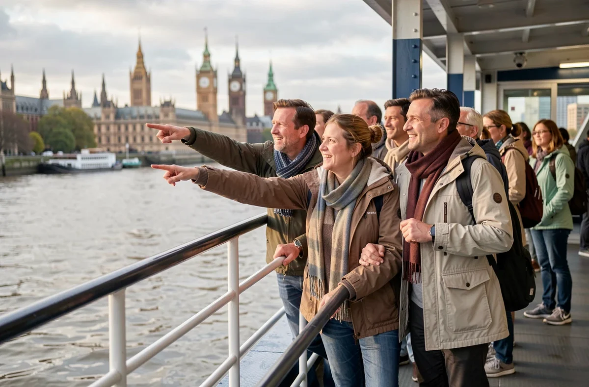 Touristes sur le pont d'un bateau de croisière fluviale sur la Tamise à Londres