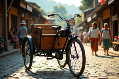Tricycle philippin ancien avec sidecar en bois dans une ville ensoleillee