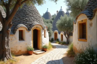 Trulli traditionnels en pierre calcaire à Alberobello dans les Pouilles, entourés d'oliviers centenaires sous un ciel méditerranéen