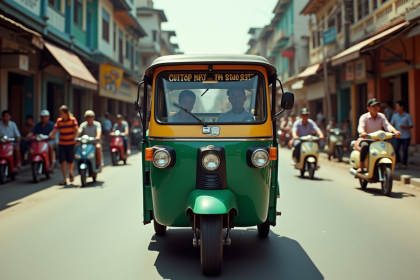 Tuk tuk vintage dans une rue animée de Bangkok années 60