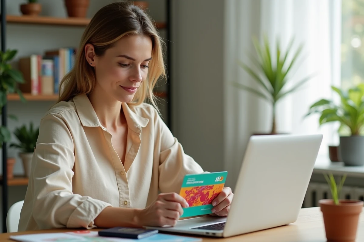 Femme vérifiant le solde de sa carte cadeau voyage Selectour sur un ordinateur portable